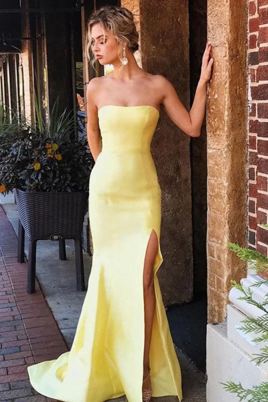 Daffodil Strapless Split Long Prom Dress Sexy Simple Mermaid Party Gown